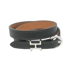 Hermes Leather Bracelet Trench Black Silver Hardware Size T5